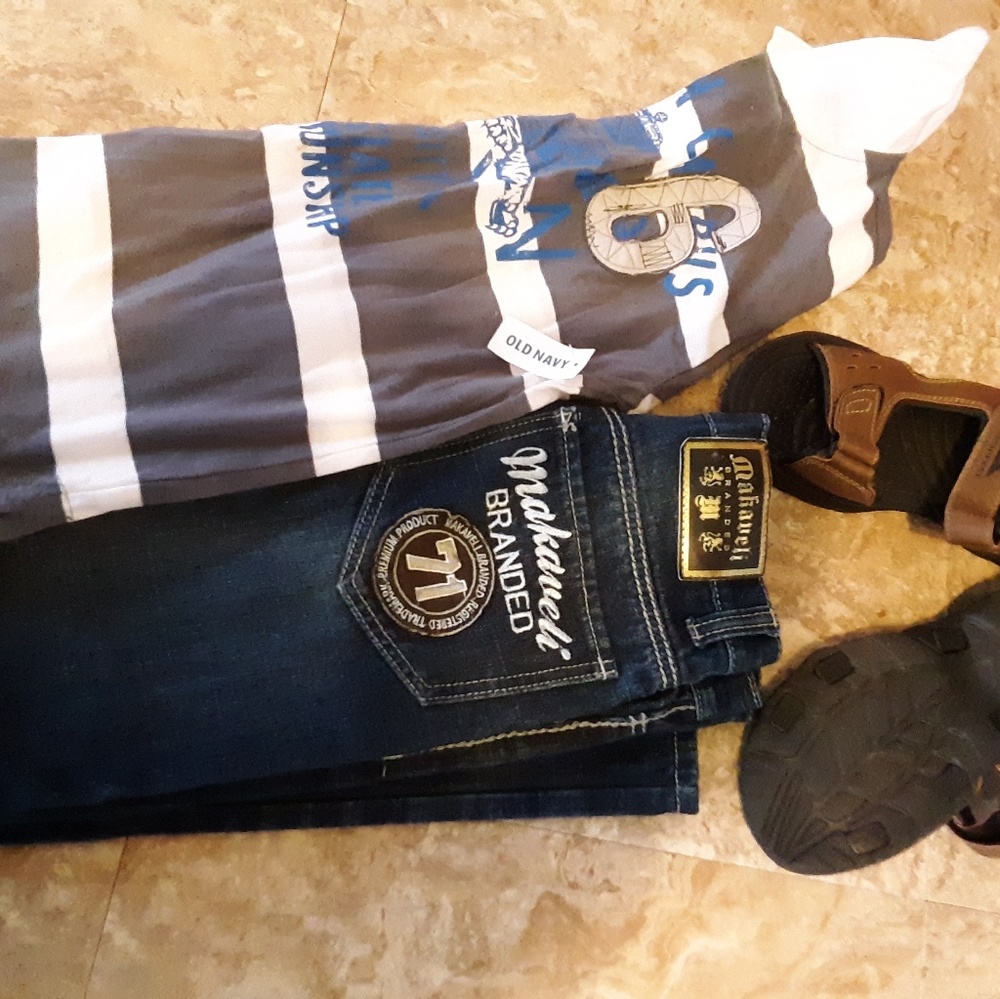 3pc nwt shirt 10/12, pants14, sandals 9